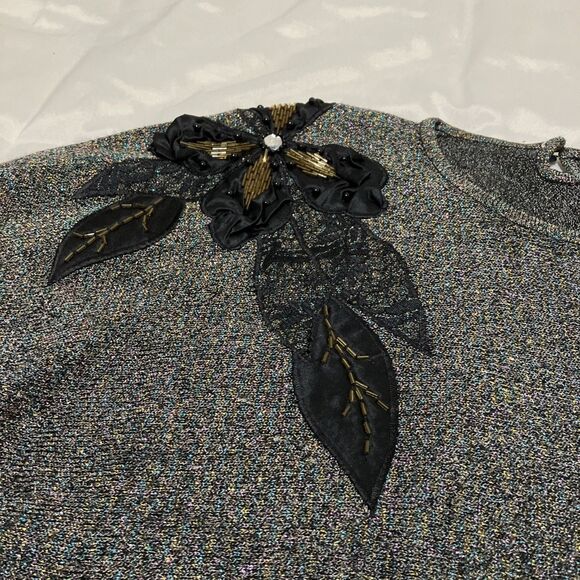 Vintage 80s Beaded Sweater Iridescent Floral Embroidered Party Dolman Sleeve - Picture 4 of 8